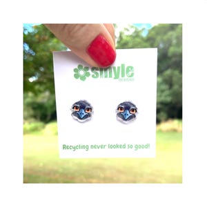Emu stud earrings, recycled plastics, Australian bird, original artwork, eco-friendly, sustainable, ethical, Australian Made, souvenir