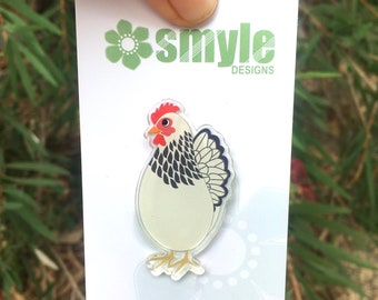 Lindo pin de pollo blanco reciclado acrílico ecológico ético animal pájaro arte usable