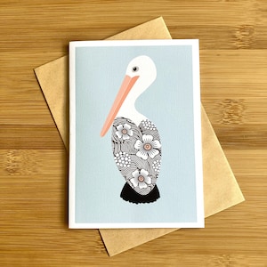 Carte de voeux d'oiseau australien, faune indigène, pélican, oeuvre d'art originale, papier d'artiste unique, impression de qualité, beau design vierge