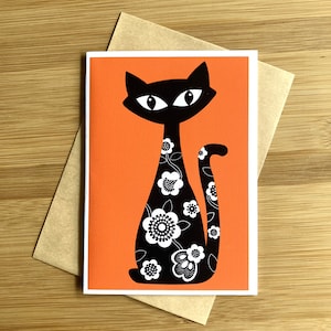 Cartão de felicitações de gato retrô, amante de gato preto, arte original, papel artístico exclusivo, impressão de qualidade, flores, design floral, em branco