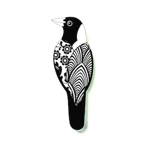 Magpie Pin Recycled Acrylic Ethical Eco-friendly Wearable Art Native Australian Bird Adorable Original Artwork