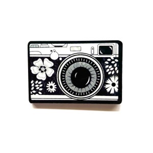Retro Camera Pin made from Recycled Vinyl Records Eco-friendly Photography lover Ethical Sustainable Wearable Art Statement Photographer