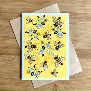 Cartão de saudação de abelhas lindas, pólen de vida selvagem, arte original, papel artístico exclusivo, impressão de qualidade, flores, design floral, natureza, em branco