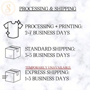 May include: A black and white illustration of a t-shirt, a box, and a box with a line underneath it. The text reads "PROCESSING & SHIPPING", "PROCESSING + PRINTING: 2-7 BUSINESS DAYS", "STANDARD SHIPPING: 3-5 BUSINESS DAYS", "TEMPORARILY UNAVAILABLE: EXPRESS SHIPPING: 1-3 BUSINESS DAYS".