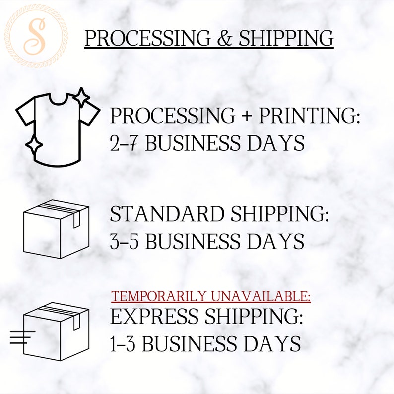 May include: A black and white illustration of a t-shirt, a box, and a box with a line underneath it. The text reads "PROCESSING & SHIPPING", "PROCESSING + PRINTING: 2-7 BUSINESS DAYS", "STANDARD SHIPPING: 3-5 BUSINESS DAYS", "TEMPORARILY UNAVAILABLE: EXPRESS SHIPPING: 1-3 BUSINESS DAYS".
