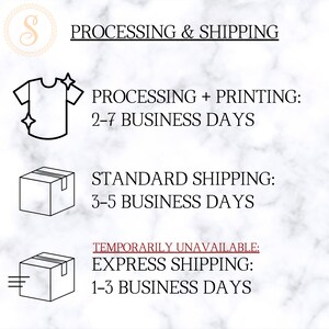 Op de afbeelding: Een zwart-witte illustratie van een T-shirt, een doos en een doos met een lijn eronder. De tekst luidt "PROCESSING & SHIPPING", "PROCESSING + PRINTING: 2-7 BUSINESS DAYS", "STANDARD SHIPPING: 3-5 BUSINESS DAYS", "TEMPORARILY UNAVAILABLE: EXPRESS SHIPPING: 1-3 BUSINESS DAYS".