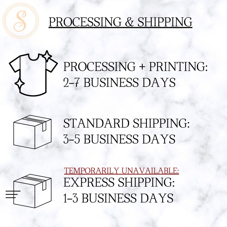 Op de afbeelding: Een zwart-witte illustratie van een T-shirt, een doos en een doos met een lijn eronder. De tekst luidt "PROCESSING & SHIPPING", "PROCESSING + PRINTING: 2-7 BUSINESS DAYS", "STANDARD SHIPPING: 3-5 BUSINESS DAYS", "TEMPORARILY UNAVAILABLE: EXPRESS SHIPPING: 1-3 BUSINESS DAYS".