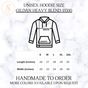 K&ouml;nnte beinhalten: Gr&ouml;&szlig;entabelle f&uuml;r ein Unisex-Hoodie aus Gildan Heavy Blend 18500 Stoff. Die Tabelle zeigt die L&auml;nge und Breite in Zoll f&uuml;r die Gr&ouml;&szlig;en S, M, L, XL und 2XL.