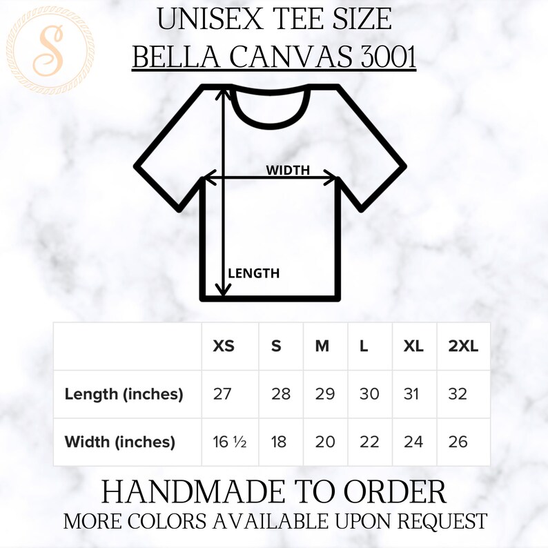 Może przedstawiać: Tabela rozmiar&oacute;w koszulki unisex dla koszulek Bella Canvas 3001. Tabela pokazuje wymiary w calach dla rozmiar&oacute;w XS, S, M, L, XL i 2XL. Tabela zawiera wymiary długości i szerokości.