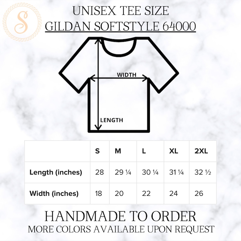 K&ouml;nnte beinhalten: Gr&ouml;&szlig;entabelle f&uuml;r Unisex-T-Shirts der Marke Gildan Softstyle 64000. Die Tabelle zeigt die L&auml;nge und Breite in Zoll f&uuml;r die Gr&ouml;&szlig;en S, M, L, XL und 2XL.