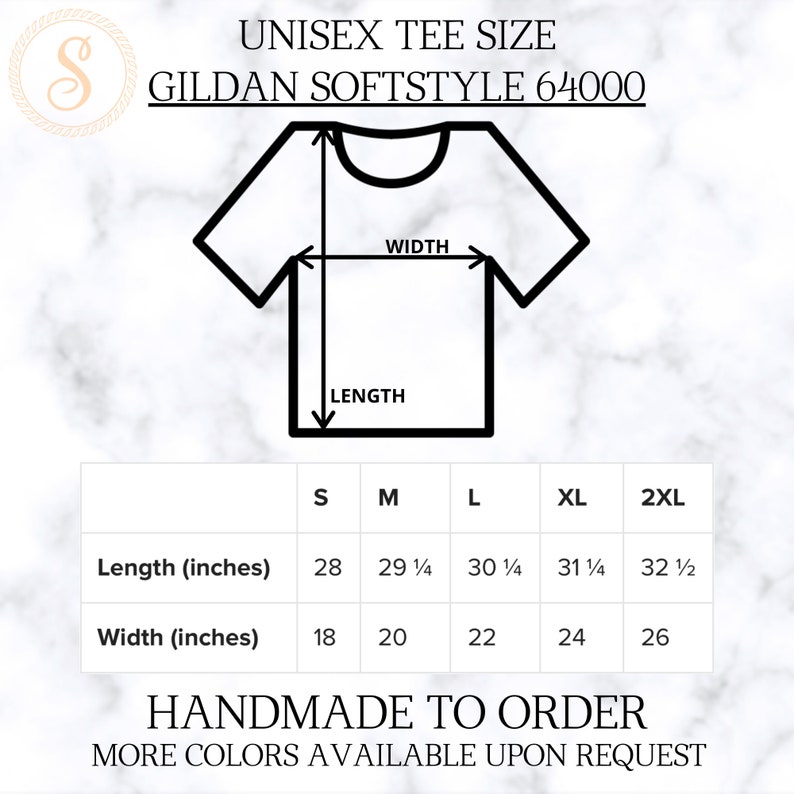 Może przedstawiać: Tabela rozmiar&oacute;w koszulki unisex dla koszulek Gildan Softstyle 64000. Tabela pokazuje długość i szerokość w calach dla rozmiar&oacute;w S, M, L, XL i 2XL.