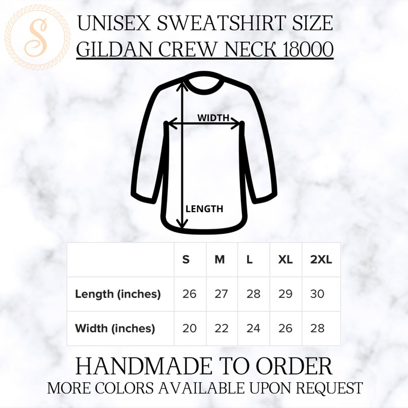 K&ouml;nnte beinhalten: Gr&ouml;&szlig;entabelle f&uuml;r ein Unisex-Gildan-Sweatshirt mit Rundhalsausschnitt, die die Ma&szlig;e in Zoll f&uuml;r L&auml;nge und Breite in den Gr&ouml;&szlig;en S, M, L, XL und 2XL zeigt.  Handgefertigt auf Bestellung, weitere Farben auf Anfrage erh&auml;ltlich.