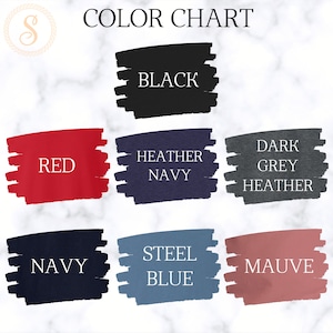 K&ouml;nnte beinhalten: Farbkarte mit 10 verschiedenen Stofffarben. Die Farben sind: Schwarz, Rot, Heather Navy, Dunkelgrau Heather, Navy, Stahlblau, Mauve.