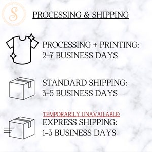 Może przedstawiać: Czarno-biała ilustracja koszulki, pudełka i pudełka z linią pod spodem. Tekst brzmi: "PROCESSING & SHIPPING", "PROCESSING + PRINTING: 2-7 BUSINESS DAYS", "STANDARD SHIPPING: 3-5 BUSINESS DAYS", "TEMPORARILY UNAVAILABLE: EXPRESS SHIPPING: 1-3 BUSINESS DAYS".