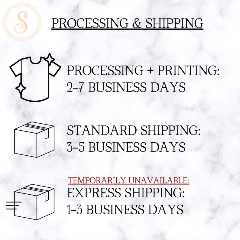 Może przedstawiać: Czarno-biała ilustracja koszulki, pudełka i pudełka z linią pod spodem. Tekst brzmi: "PROCESSING & SHIPPING", "PROCESSING + PRINTING: 2-7 BUSINESS DAYS", "STANDARD SHIPPING: 3-5 BUSINESS DAYS", "TEMPORARILY UNAVAILABLE: EXPRESS SHIPPING: 1-3 BUSINESS DAYS".