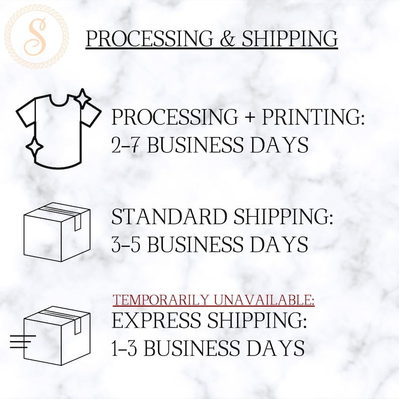 May include: A black and white illustration of a t-shirt, a box, and a box with a line underneath it. The text reads "PROCESSING & SHIPPING", "PROCESSING + PRINTING: 2-7 BUSINESS DAYS", "STANDARD SHIPPING: 3-5 BUSINESS DAYS", "TEMPORARILY UNAVAILABLE: EXPRESS SHIPPING: 1-3 BUSINESS DAYS".