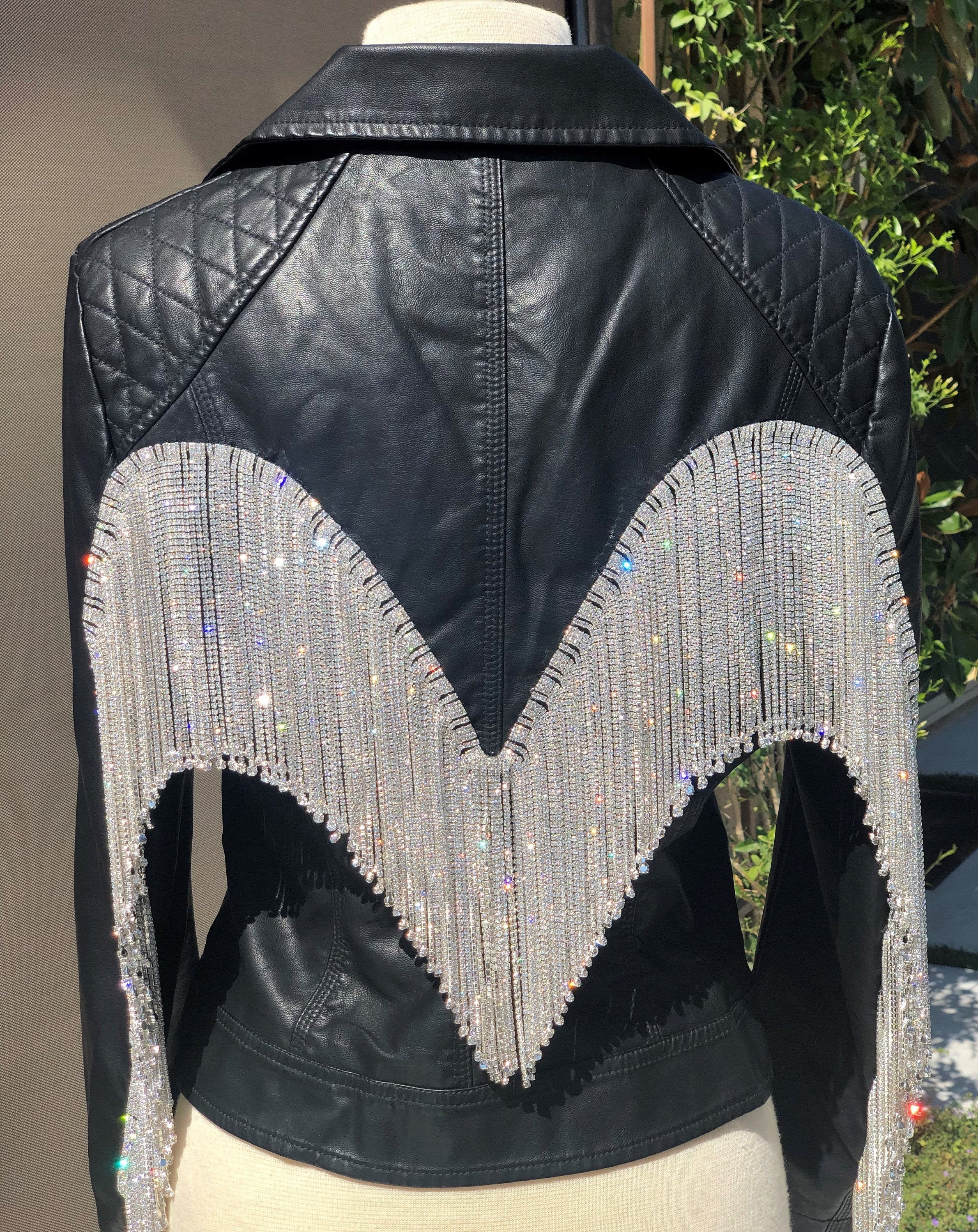 Rhinestone Fringe Faux Leather Jacket - Etsy Denmark