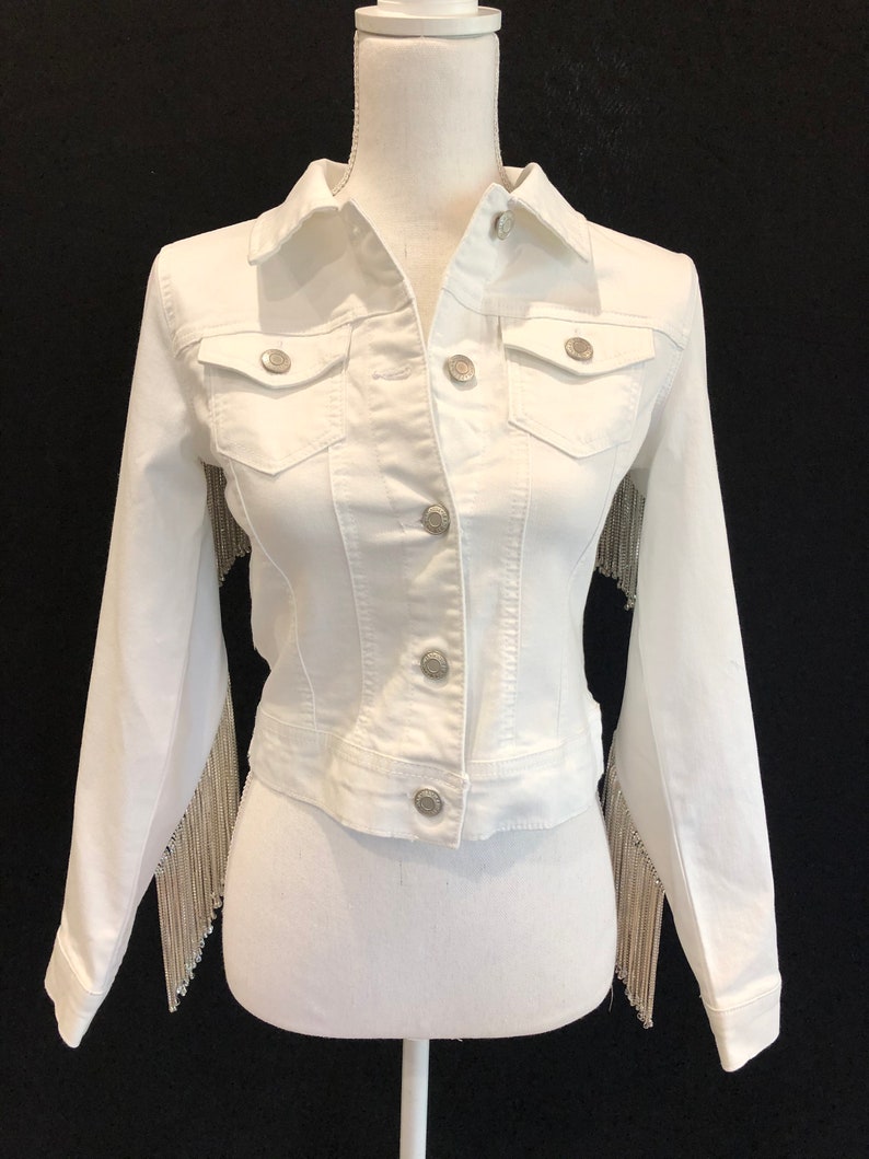 White Denim Jacket with Rhinestone Fringe