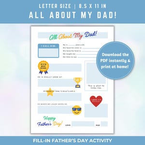Fathers Day Printable Dad Activity Sheet Download Digital File Blank Page Kid Drawing Gift Idea Blue Design Father Gift Dad Interview Home