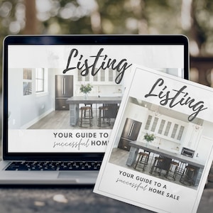 May include: A laptop computer displaying a webpage with the text "Listing" and a guide to a successful home sale. The webpage features a photo of a modern kitchen with white cabinets, a stainless steel refrigerator, and a large island with bar stools.