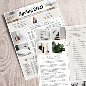 Plantilla de boletín inmobiliario, boletín informativo de primavera de 2021, marketing inmobiliario, boletín informativo para agentes inmobiliarios, marketing de primavera para agentes inmobiliarios, Canva editable