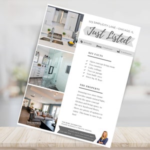 Sjabloon voor onroerend goed flyer, zojuist vermelde flyer, makelaar flyer, vastgoedmarketing, aanpassen, bewerkbaar, Canva, afdrukbaar