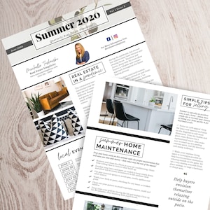 Plantilla de boletín inmobiliario, boletín informativo de verano 2020, marketing inmobiliario, boletín informativo para agentes inmobiliarios, folleto para agentes inmobiliarios, personalizar, Canva editable