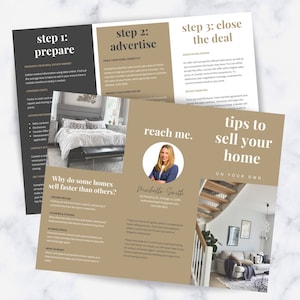 FSBO-brochure onroerend goed, verkopersgids onroerend goed, te koop door eigenaar, dubbelzijdige driebladige makelaarsbrochure, onroerendgoedmarketing, Canva