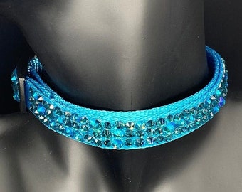 Blue Dog Collar with Best-quality Rhinestones Crystals - 0.59” 10.24” - Custom Orders Welcome