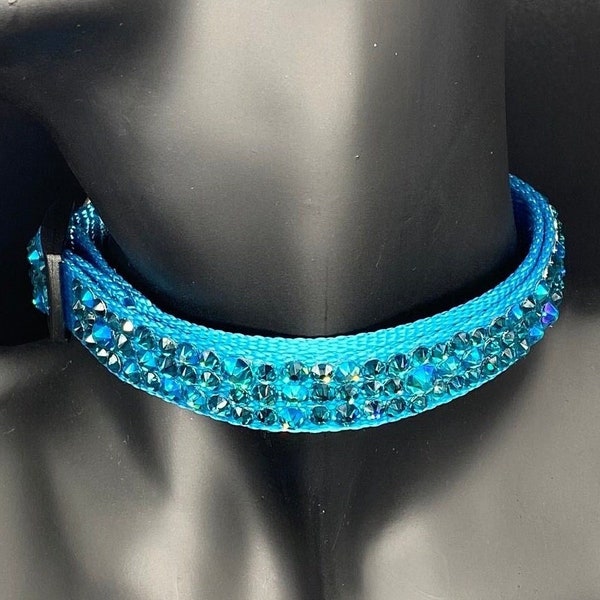 Blue Dog Collar with Best-quality Rhinestones Crystals - 0.59” 10.24” - Custom Orders Welcome