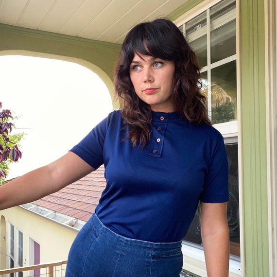 1960s Vintage Mock Neck Button Front Top