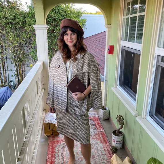 1960s Tan Wool Cape Skirt Suit Set