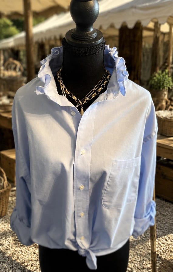 Ladies Ralph Lauren Chaps  Repurposed, restyled reimagined one of a kind shirt with ruffle collar. Custom made