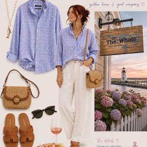 May include: A blue and white plaid button-down shirt with a ruffled collar, white wide-leg trousers, a tan woven crossbody bag, brown leather slide sandals, and tortoise-shell sunglasses. Includes a beaded necklace with a fish charm and a lobster roll.
