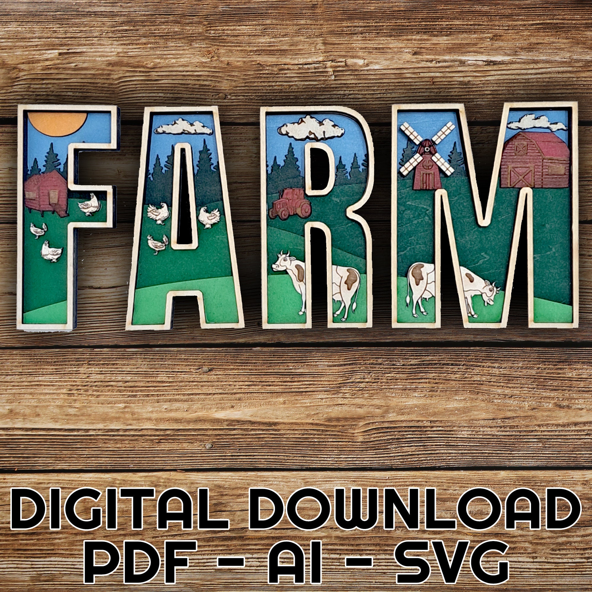 Farm Scene Letters SVG File for Laser Cutting, Multi Layer 3d Art ...