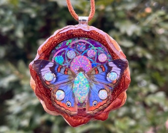 Butterfly with Opal & Seed of Life Pinecone Pendant Necklace Sacred Geometry Crystal Eye Gemstone