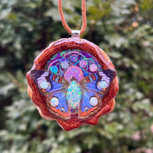 Butterfly with Opal & Seed of Life Pinecone Pendant Necklace Sacred Geometry Crystal Eye Gemstone