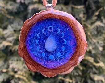 Galaxy with Dichroic Glass & Moon Phases Pinecone Pendant Necklace Sacred Geometry Crystal Gemstone