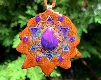 Purple Mohave Turquoise with Opal and Crushed Opal with 64 Star Tetrahedron Pinecone Pendant Necklace Sacred Geometry Eye Crystal Gemstone