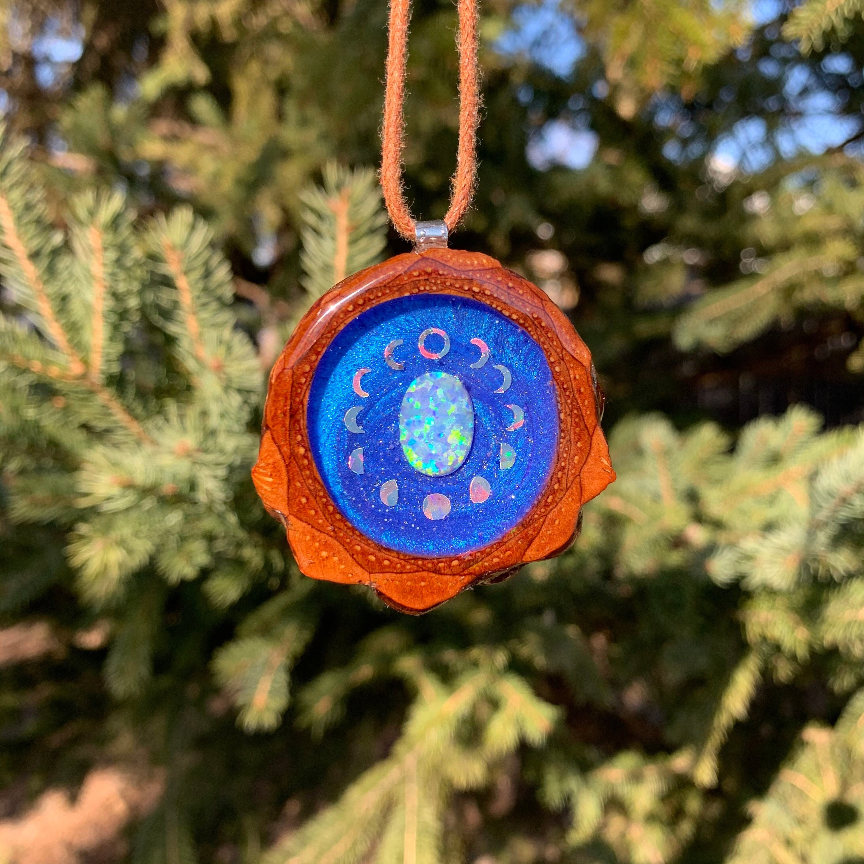 Galaxy with Dichroic Glass & Moon Phases Pinecone Pendant Necklace Sacred Geometry Crystal Gemstone