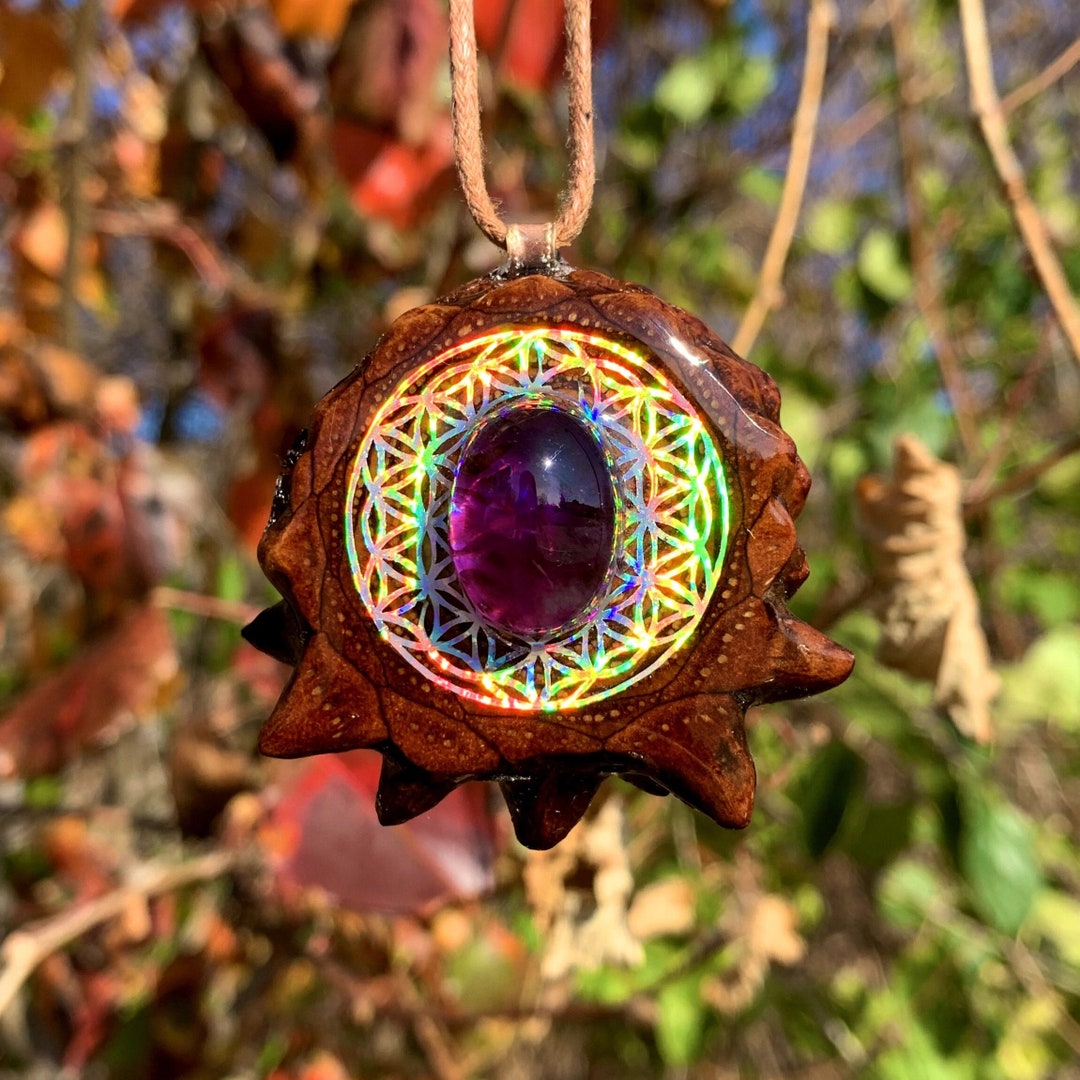 Amethyst With Flower of Life Pinecone Pendant Necklace Sacred Geometry ...