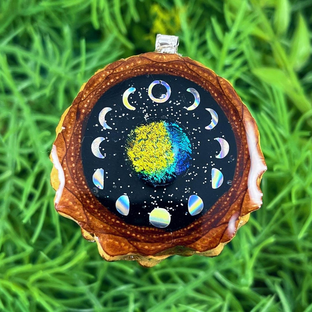Night Sky With Dichroic Glass & Moon Phase Pinecone Pendant Necklace ...