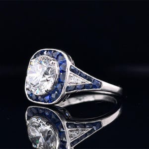 Custom 1.90ct Lab Diamond Ring in Platinum - Blue Sapphire & Natural Diamond Accents, IGI Certified, Art Deco Engagement Ring image 3