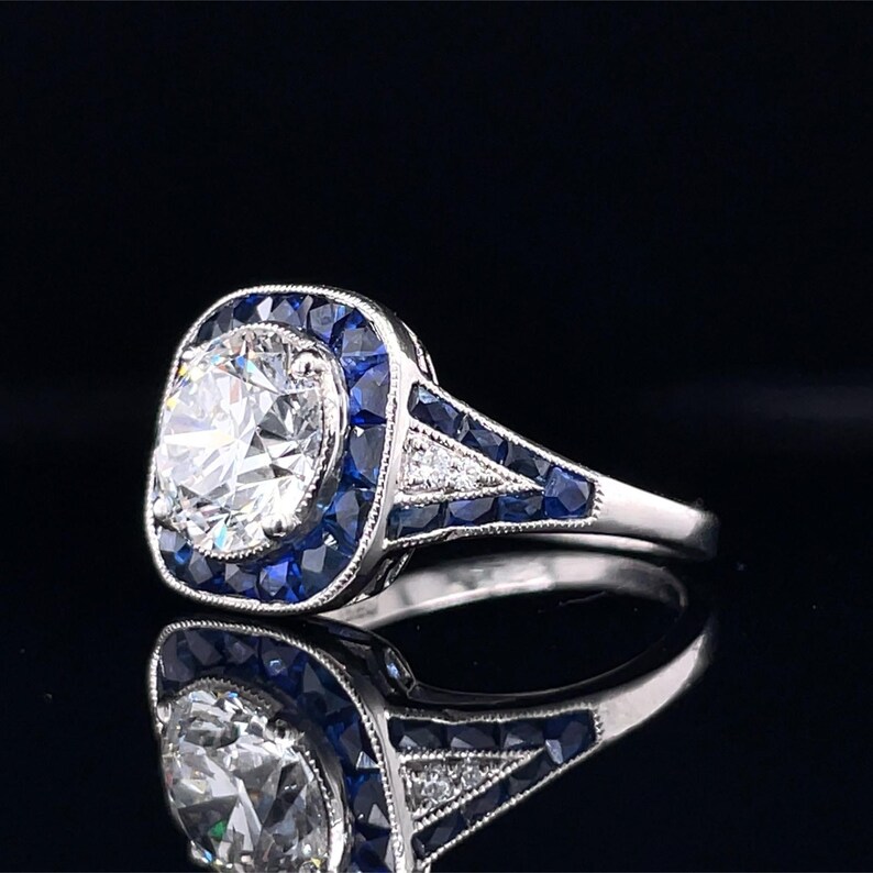 Custom 1.90ct Lab Diamond Ring in Platinum - Blue Sapphire & Natural Diamond Accents, IGI Certified, Art Deco Engagement Ring image 3