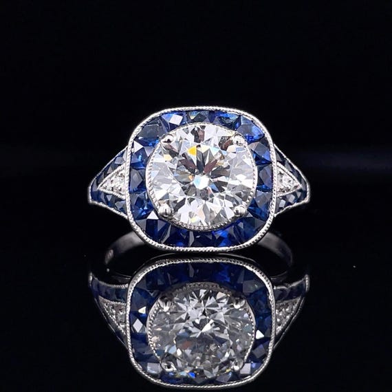 Custom 1.90ct Lab Diamond Ring in Platinum - Blue Sapphire & Natural Diamond Accents, IGI Certified, Art Deco Engagement Ring
