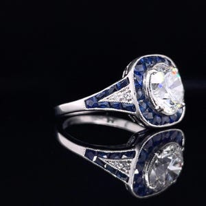 Custom 1.90ct Lab Diamond Ring in Platinum - Blue Sapphire & Natural Diamond Accents, IGI Certified, Art Deco Engagement Ring image 4