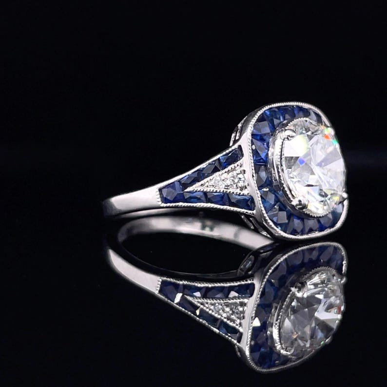 Custom 1.90ct Lab Diamond Ring in Platinum - Blue Sapphire & Natural Diamond Accents, IGI Certified, Art Deco Engagement Ring image 4