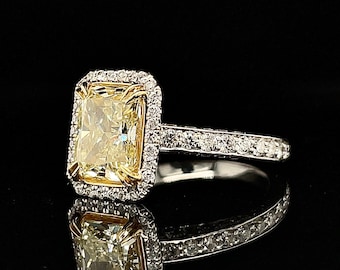 Anillo de compromiso de oro macizo de 18 k bicolor con halo de diamantes amarillos canarios naturales, talla radiante, certificado GIA VS1.