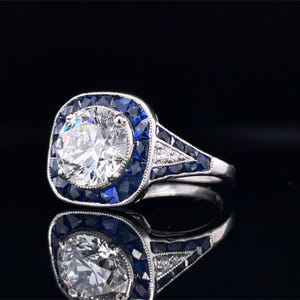 Custom 1.90ct Lab Diamond Ring in Platinum - Blue Sapphire & Natural Diamond Accents, IGI Certified, Art Deco Engagement Ring image 2