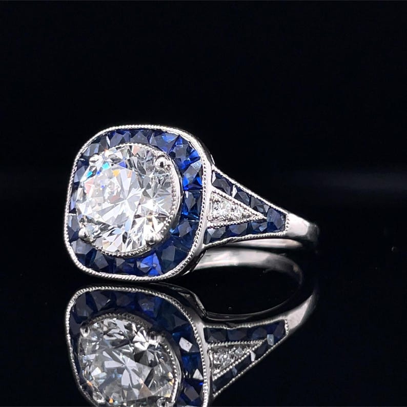 Custom 1.90ct Lab Diamond Ring in Platinum - Blue Sapphire & Natural Diamond Accents, IGI Certified, Art Deco Engagement Ring image 2